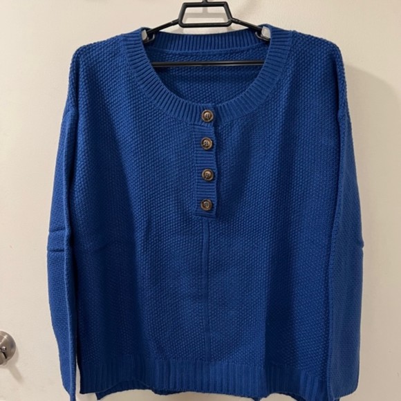 SHEIN Blue Round Neck Half Button Henley Knit Acrylic LS Sweater Pullover Sz M - Picture 3 of 10